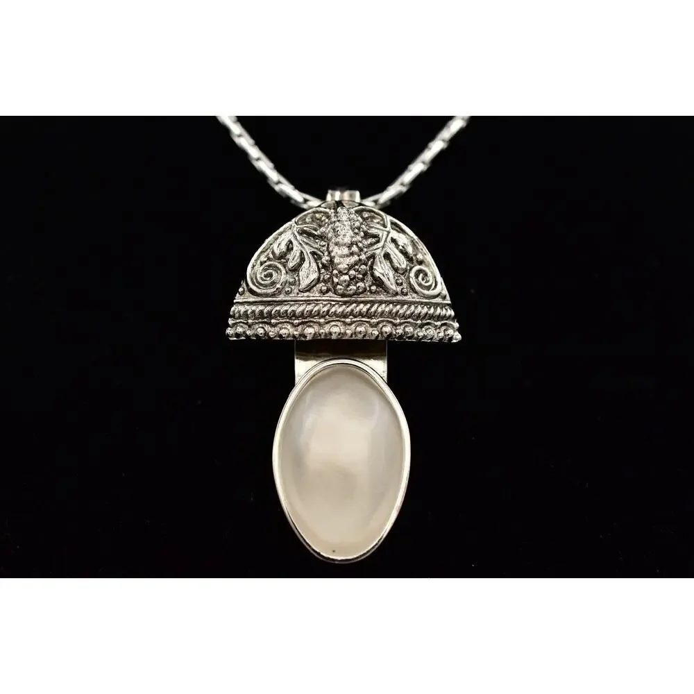 Rebecca Collins Pendant Necklace Frosted Cabochon Silver Tone Chain Signed BinBE